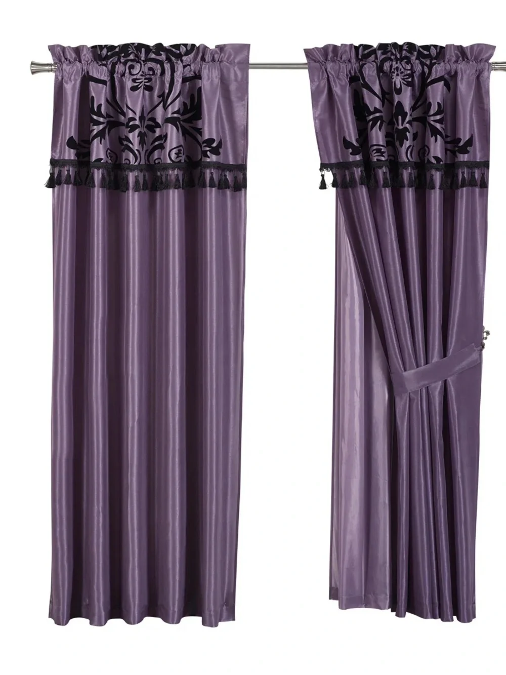 Purple Window Curtain Panel Set with Black Damask Valance